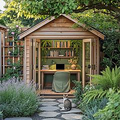 Garden Office Bliss: A Shed Workspace Amidst Lush Greenery