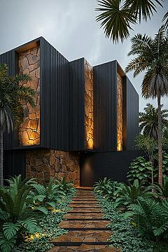 Dramatic Elegance: Black & Stone Modern Home Exterior
