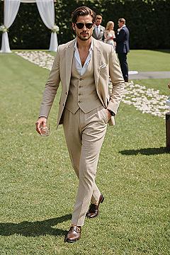 Summer Wedding Style: Beige Linen Three-Piece Groom Suit