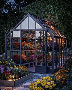Modern Greenhouse & Backyard Garden at Dusk