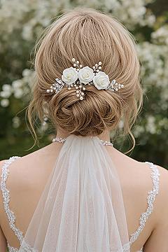 Chic Bridal Bun with Floral & Pearl Hair Comb: Outdoor Wedding Style