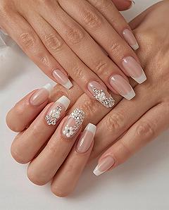 Chic Bridal French Tip Nails with Pearl Accents