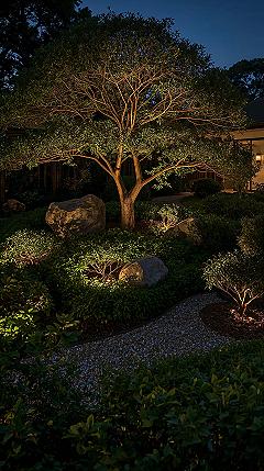 Modern Japanese Garden: Enchanting Night Illumination Design