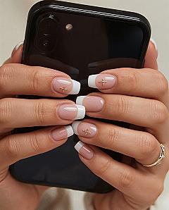 Chic Short Square French Tip Nails with Gold Charms: Dope Girly Acrylic Ideas