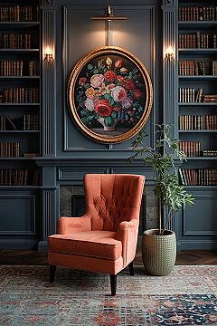Bold Bridgerton Style: Dark Blue Bookshelves & Vibrant Decor