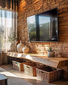Cozy Vibes: Indoor Stone Wall Meets Wood Theme Living Room