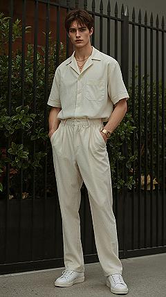 Monochromatic Cream Corduroy: Old Money Summer Outfits for Men