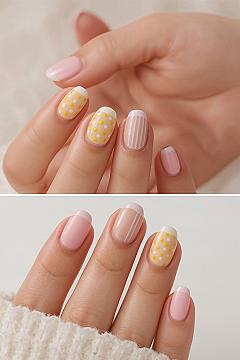 Adorable Pastel Pink & Yellow Polka Dot Almond Nails for Quick Nail Art