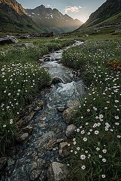 Mountain Stream Serenity: High-Resolution Meadow Wallpaper for Tablets