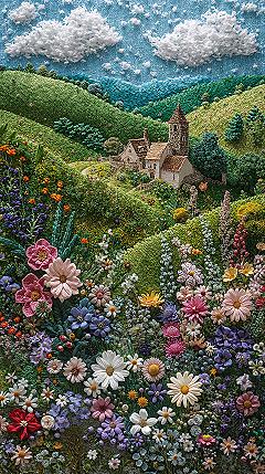 Embroidered Spring Landscape: Charming & Cute iPhone Wallpapers