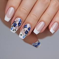 Timeless Blue & White Floral French Nails: Sophisticated Artistry