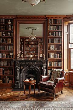 Cozy Edwardian Library Lounge: Fireplace & Smart Storage Dreams