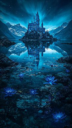 Blue Fantasy Wallpaper: Mystical Sky Kingdom & Tranquil Lake