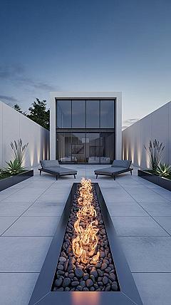 Modern Backyards: Concrete Outdoor Living & Linear Fire Pit Oasis