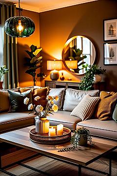 Cozy Apartment Living Room: Warm Lighting & Green Accents