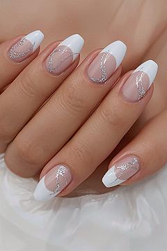 Silver Swirl French Tip Almond Nails: Glamorous & Classy Gel Designs