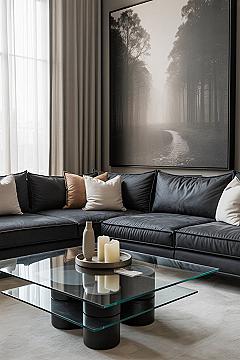 Dream Living Room: Modern Grey Couch & Chic Glass Table Styling