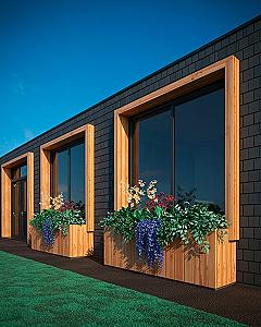 Modern Black House Exterior with Cedar Accents & Planter Boxes