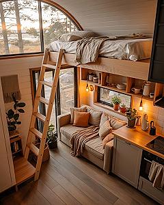 Cozy Tiny Home Interior: Maximizing Space with Warm Wood & Loft Dreams
