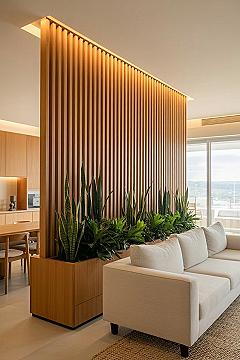 Chic Slatted Wood Room Divider with Built-in Planter for Modern Living