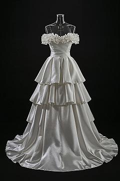 Dreamy Ivory Satin Wedding Dress: Ruffled Off-Shoulder Elegance
