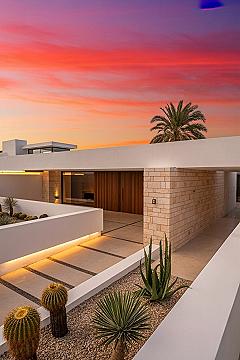 Dream Modern Home Exterior: Sunset Glow & Stone Accents