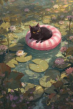 Dreamy Cat & Lily Pond: Aesthetic Laptop Wallpaper for Nature Lovers