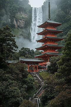 Tranquil Japanese Temple & Waterfall: Serene Nature Aesthetic Escape