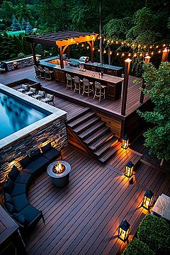 Dreamy Above Ground Pool Deck: Modern Oasis with Rock Garden & Fire Pit