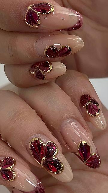 Wine Red Nail Art With Gold Accents