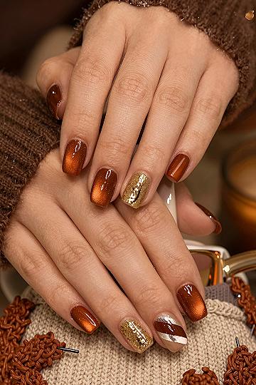 Warm Amber Cat Eye Nails With Sparkle Accents