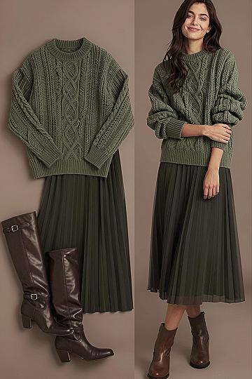 Styling an Olive Green Cable Knit Sweater with a Pleated Skirt