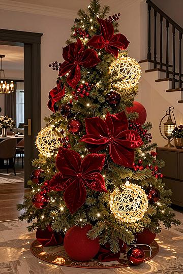 Decorating a Christmas Tree with Velvet Flowers and Gold Ornaments