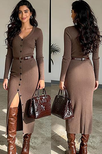 Styling a Ribbed Knit Button-Front Midi Dress for Winter