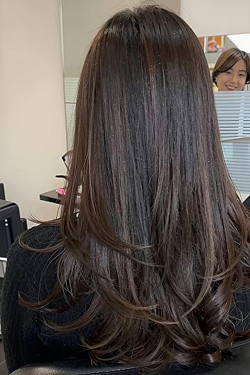 Subtle Dark Caramel Highlights on Layered Dark Hair
