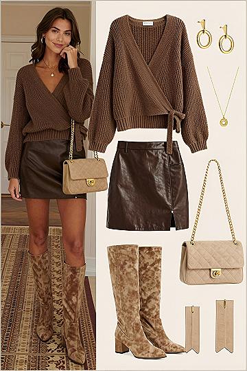 Styling a Wrap Sweater with a Leather Skirt