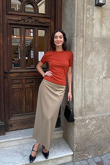 Pairing a Crewneck Top with a Long Suede Skirt