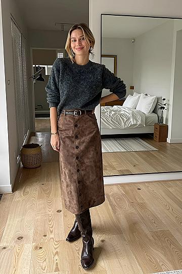 Pairing a Button Front Suede Skirt with a Cozy Knit