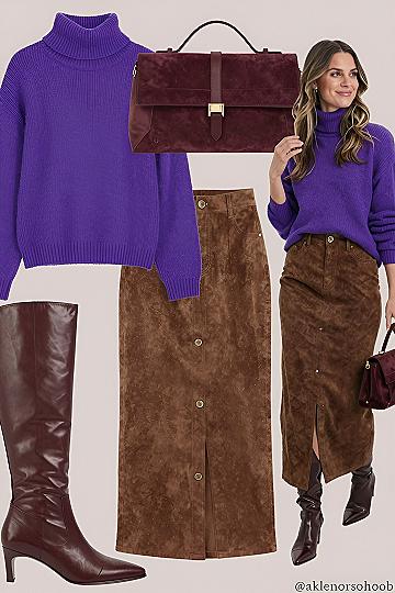 Pairing a Brown Suede Skirt with a Bold Purple Knit