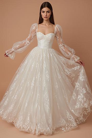 Fairy Tale Soft Ball Gown Wedding Dress with Puff Sleeves