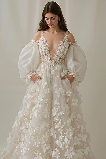 Whimsical Floral Wedding Dress with Sparkle & Sheer Sleeves