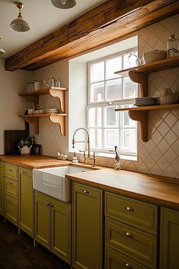 Olive Green Kitchens: Timeless Farmhouse Style with Wood Countertops