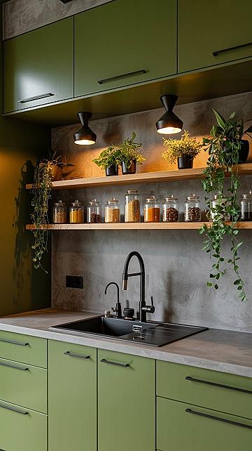 Olive Green Kitchen: Dream House Rooms with Concrete & Black Accents