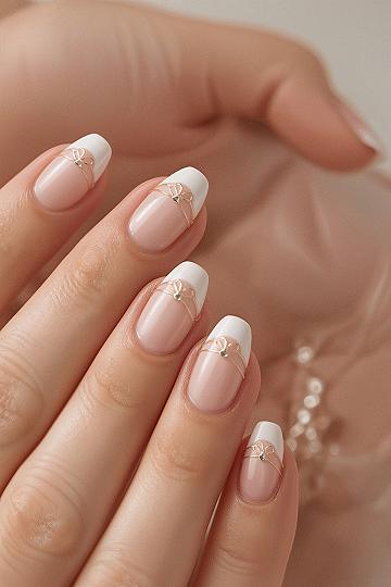 Chic Gold Bow French Tip Almond Nails: Effortless Sophistication