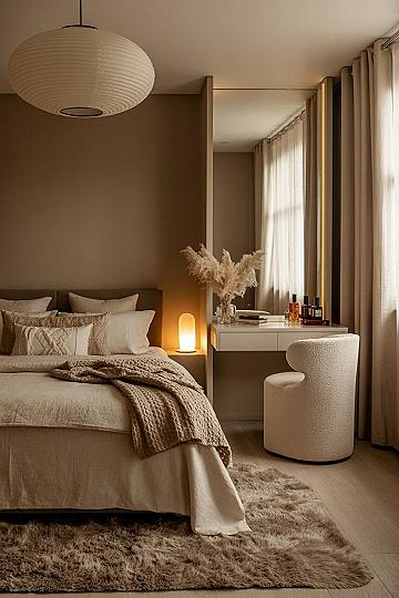 Elegant Beige Room Makeover: Small Bedroom & Modern Vanity Setup