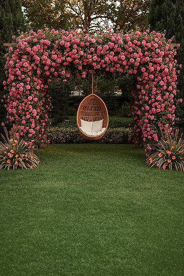 Dreamy Garden Swing Oasis: A Cascade of Blooms