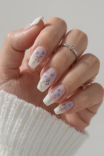 Summer Wedding Nails: Blue Floral French Tips on Almond