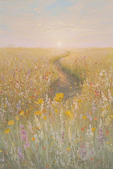 Painterly Sunset Meadow: Enchanting Fantasy Art Landscape Wallpaper