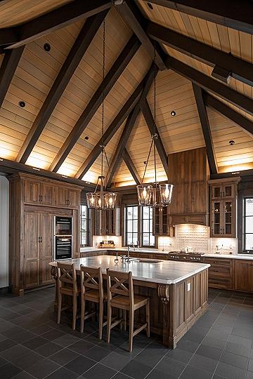 Rustic Modern Kitchen: Woody Interior & Vaulted Beam Ceiling Dreams