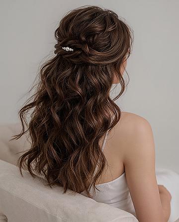 Wavy Bridal Half Updo for Dark Hair: Elegant Wedding Inspiration
